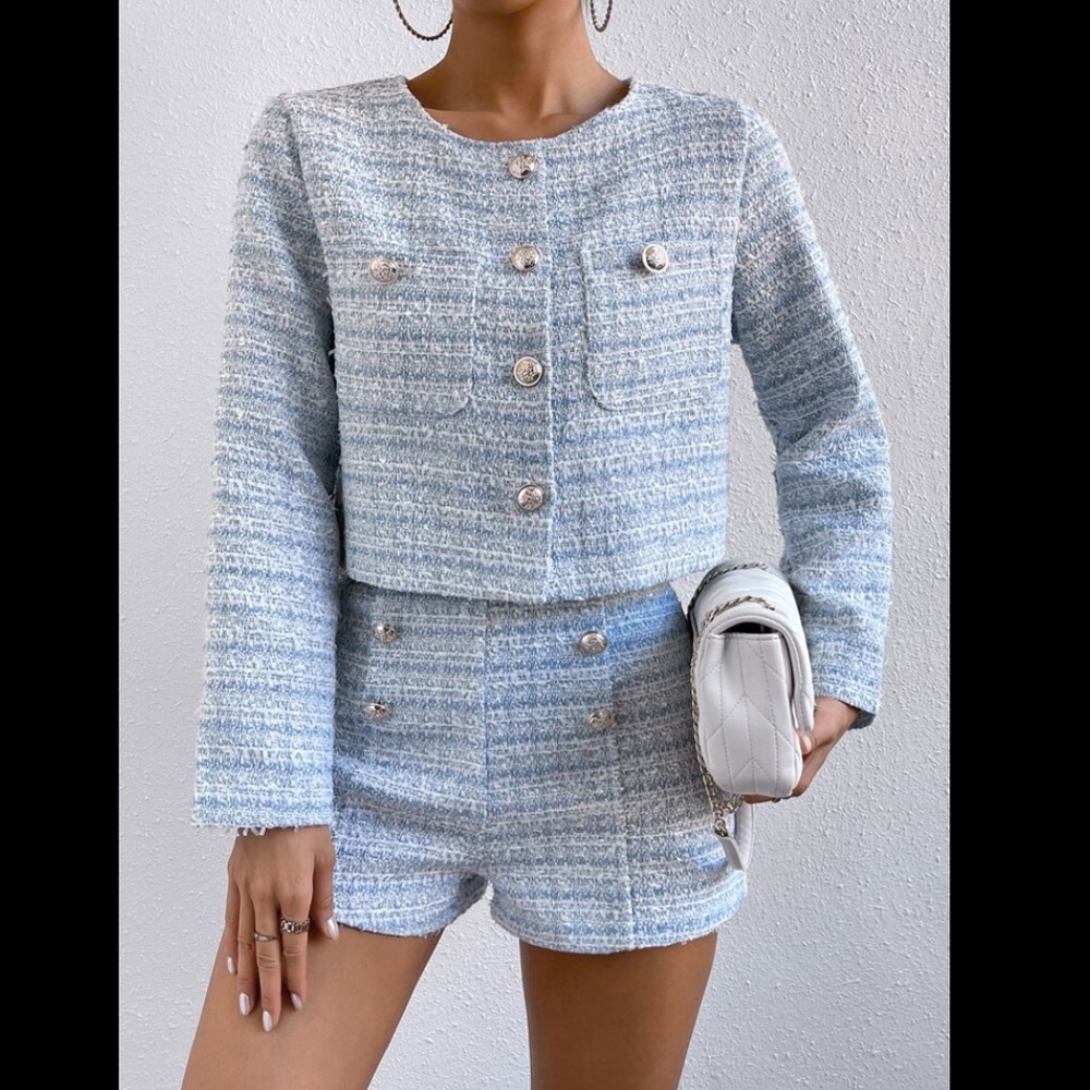 Cropped Tweed Jacket & High-Waist Shorts in Sky Blue, Size S - Picture 4 of 11